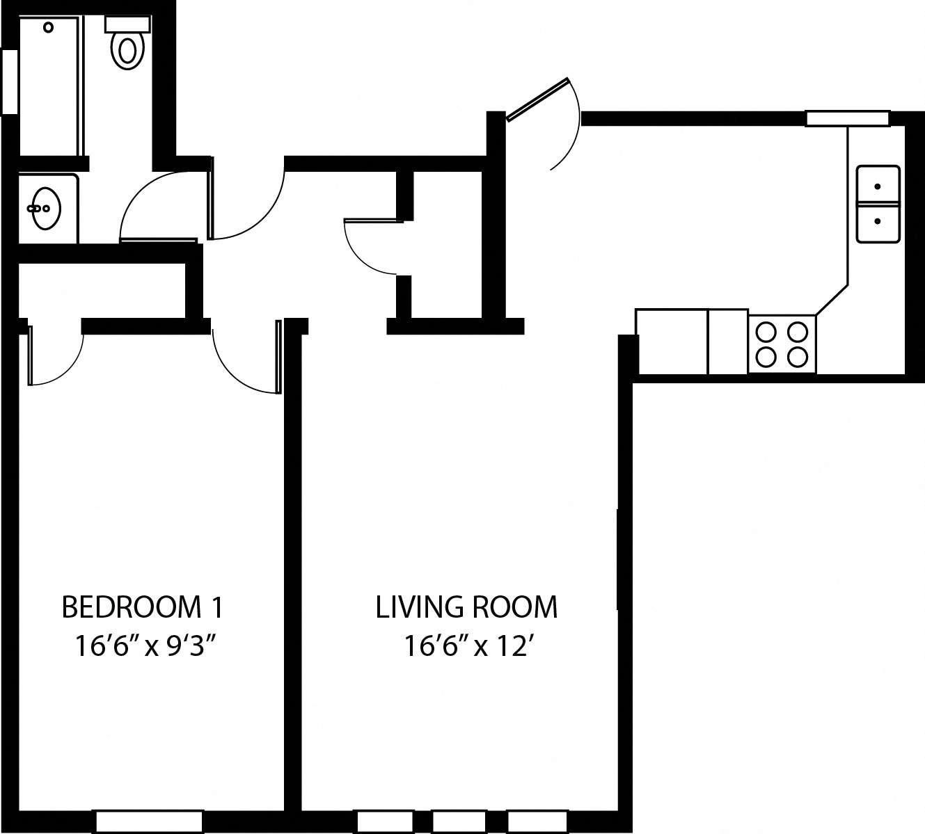 Floor plan for 1 bed, 1 bath, 500 sqft